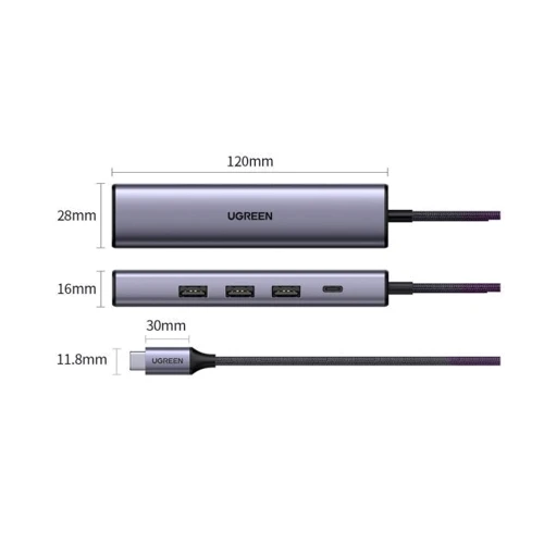 Адаптер Ugreen Adapter CM475 USB-C to USB-C+3xUSB3.0+RJ45 Gray (20932): Цвет серый
