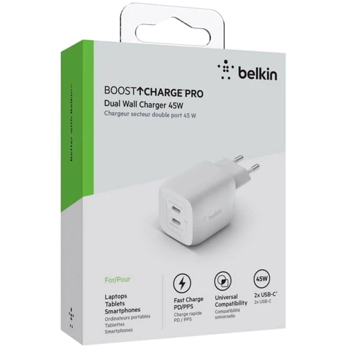 Зарядное устройство Belkin Wall Charger Home 2xUSB-С 45W GaN PD PPS White (WCH011VFWH): Количество USB-портов 2