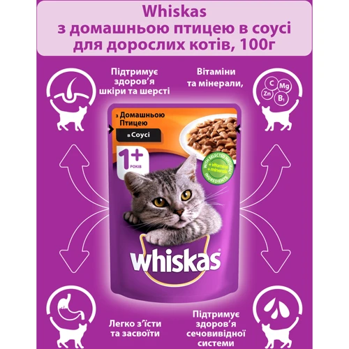 Вологий корм Whiskas для кішок з домашньою птицею в соусі 24х100г (5900951269028): Основні інгредієнти Птах