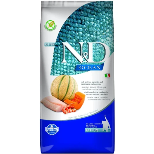 Беззерновой сухой корм Farmina N&D Ocean Grain Free Kitten Cod Shrimp Pumpkin & Melon для котят и беременных кошек Треска, креветка, тыква и мускусная дыня 5 кг (175585)