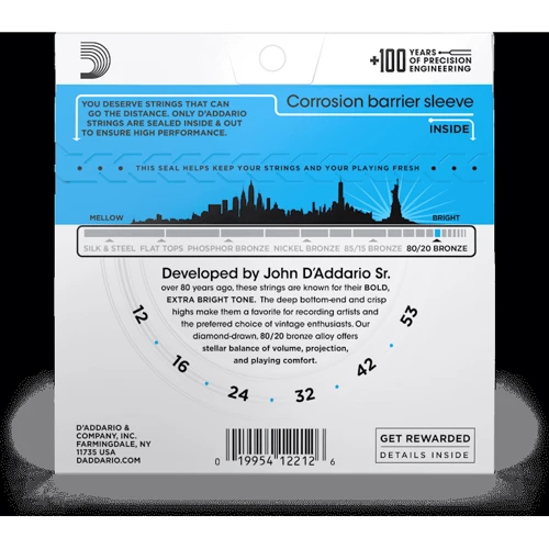 Струна для гитар Струны D'ADDARIO EJ11 80/20 BRONZE REGULAR LIGHT (12-53): Назначение Для акустической гитары