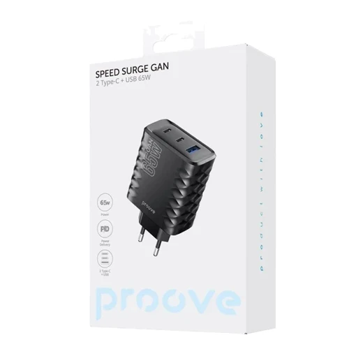 Зарядний пристрій Proove Wall Charger 2xUSB-C+USB Speed Surge GaN 65W Black: Тип сетевое