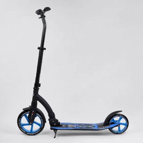Самокат двухколесный Best Scooter с PU колесами, амортизатором, широким рулем, зажимом для руля Black/Blue (74314): Конструкция рамы складная
