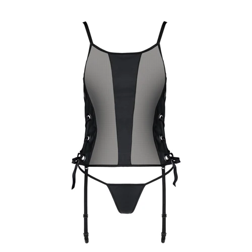 Сетчатый корсет из эко-кожи, с люверсами и съемными пажами Passion Malwia Corset black S/M (стринги в комплекте)