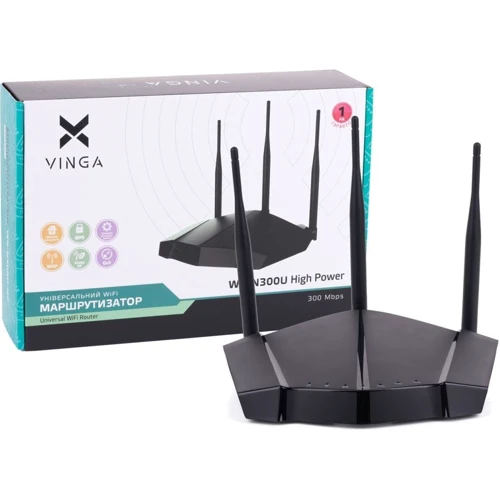 Маршрутизатор Wi-Fi Vinga WR-N300U High Power (WR-N300U-HP): Максимальна швидкість a (до 54 Мбіт / с), b (до 11 Мбіт / с), g (до 54 Мбіт / с), n (до 300 Мбіт / с)
