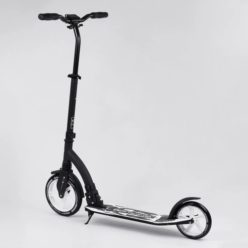 Самокат двоколісний Best Scooter з PU колесами, амортизатором, широким кермом, затискачем для керма Black / White (100069): Матеріал коліс поліуретан