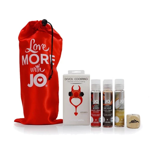 Набор для двоих Дьявольская вишня: 3 вкусовые смазки System JO, виброкольцо и кубик с позами: Производитель System Jo