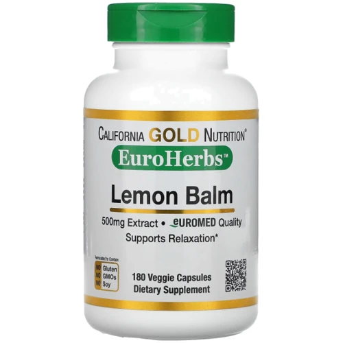 California Gold Nutrition Lemon Balm Extract EuroHerbs European Quality Экстракт лимонного бальзама мелисса 500 мг 180 вегетарианских капсул