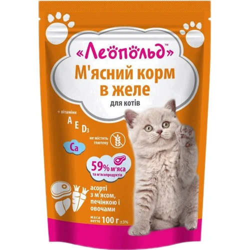 Влажный корм для кошек Леопольд Мясной корм Ассорти с мясом, печенью и овощами в желе 100 г 