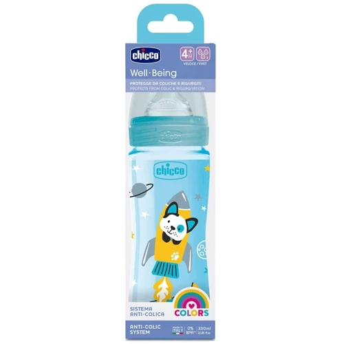 Бутылочка пластиковая Chicco Well-Being Physio Colors с силиконовой соской, 330 мл, 4м+ голубая (28637.20): Тип бутылочка для кормления