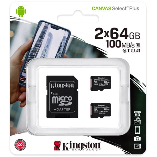 Карта памяти Kingston 64GB microSDXC Class 10 UHS-I U1 V10 A1 Canvas Select Plus 2 Pack + adapter (SDCS2/64GB-2P1A): Объем 64 ГБ