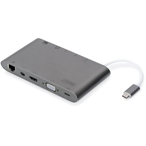 Адаптер Digitus Adapter USB-C to HDMI+VGA+miniDisplayPort+3xUSB+USB-C+SD+TF+RJ54+3.5mm Grey (DA-70875)