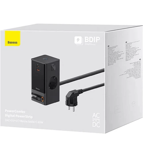 Зарядное устройство Baseus Wall Charger 2AC+USB+USB-C PowerCombo PowerStrip Retractable-C 65W Black (PSLR000301) фото 9