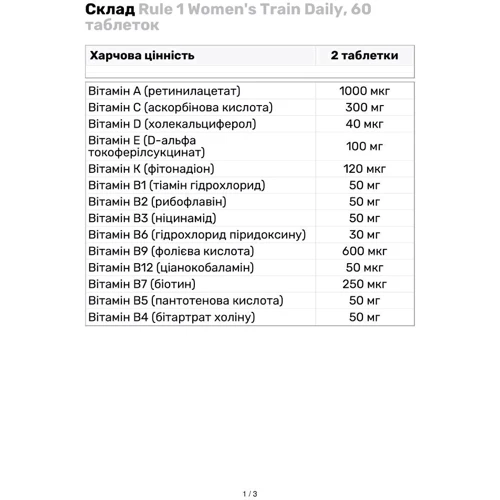 Rule 1 Women's Train Daily Мультивитамины для женщин 60 таблеток: Тип Комплексы витаминов