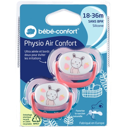 Пустышка Bebe Confort Physio Air силиконовая , 2 шт, 18/36 мес розовая с желтым (3104201930): Форма соски анатомическая