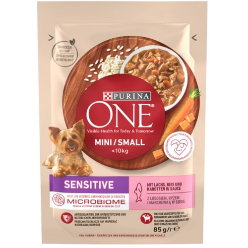 Влажный корм Purina One Mini Sensetive для взрослых собак мелких пород с чувствительным пищеварением с лососем, рисом и морковью 26х85 г (8445290332530): Тип Влажный корм