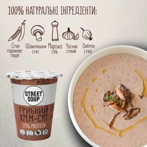 Крем-суп грибной Street Soup 250 г дой-пак (4820201770184): Энергетическая ценность на порцию, Ккал 150
