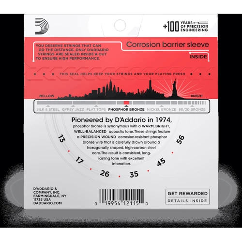 Струна для гітар Струни для акустичної гітари D'ADDARIO EJ17 PHOSPHOR BRONZE MEDIUM (13-56): Призначення Для акустичної гітари