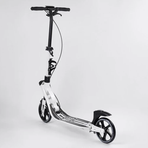 Самокат двоколісний Best Scooter PU колеса, 2 амортизатора, затиск керма, ручне гальмо Black / White (99643): Конструкція рами складна