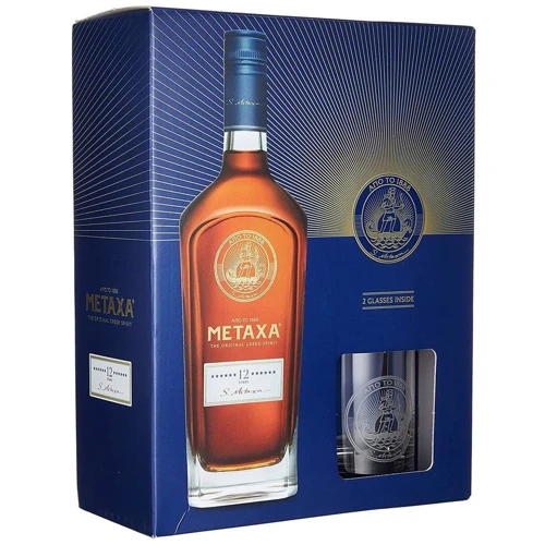 Бренди Metaxa 12 звезд 0.7 л, gift box + 2 стакана
