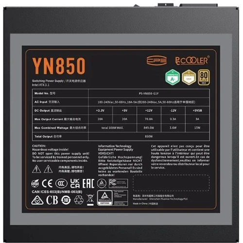 Блок живлення PcCooler 850 W 80+ GOLD YN850 (P5-YN850-G1FFBK1-EU): ККД,% 90