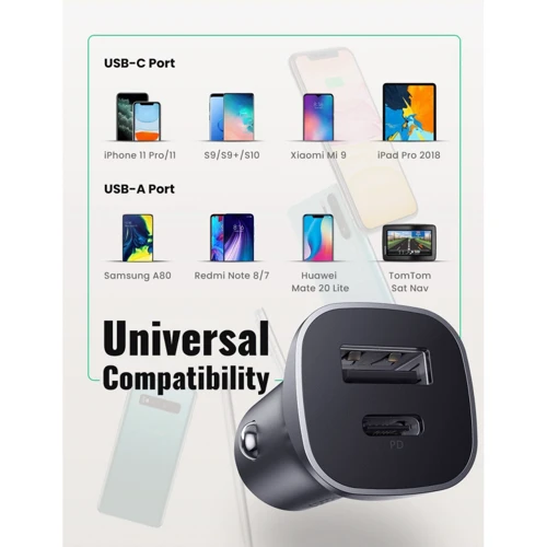 Зарядное устройство Ugreen Car Charger USB+USB-C CD130 20W Gray (30780): Количество USB-портов 2
