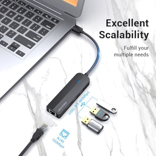 Адаптер Vention Adapter USB to 3хUSB2.0+RJ45 Black (CHPBB): Цвет серый