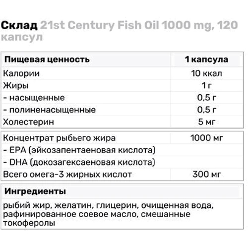 21st Century Fish Oil 1000 mg Омега 3 120 капсул: Тип Омега 3
