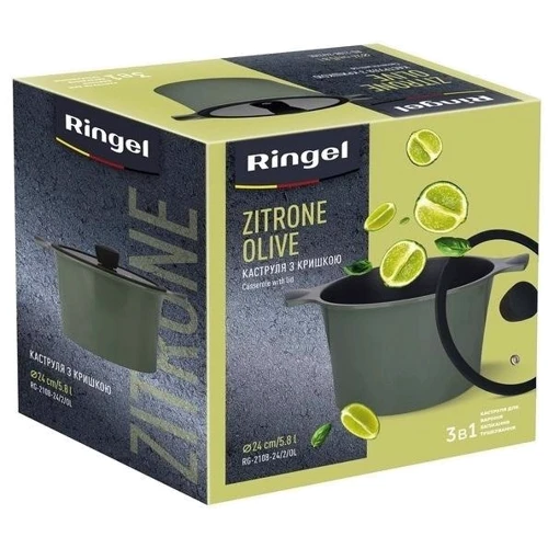 Кастрюля RINGEL Zitrone Olive с крышкой 24 см 5.8 л (RG-2108-24/2/OL): Тип источника тепла Использование в духовке, Электрические плиты, Индукционные плиты, Галогеновые плиты, Газовые плиты, Стеклокерамические плиты, Все виды плит