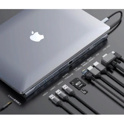 Адаптер Baseus Adapter Enjoyment USB-C to USB-C + 2хHDMI + VGA + SD + RJ45 + 2xUSB3.0 + Mini-jack 3.5 Dark Gray (CATSX-G0G): Додаткові роз'єми USB OTG, 3.5mm Headphone, Ethernet, HDMI, VGA, SD+TF Card