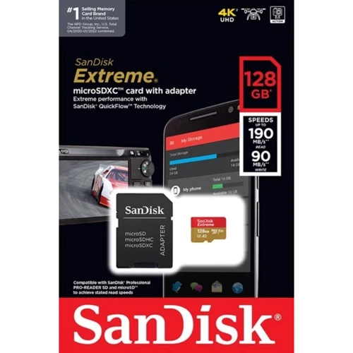 Карта памяти SanDisk 128GB microSD C10 UHS-I U3 Extreme V30 + адаптер (SDSQXAA-128G-GN6MA): Объем 128 ГБ
