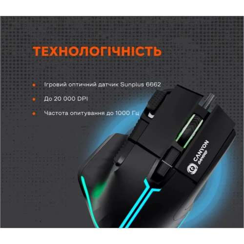 Мышь Canyon Fortnax GM-636 RGB USB Black (CND-SGM636B): Длина кабеля 1.65 м
