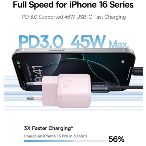 Зарядное устройство Baseus USB-C Wall Charger GaN 1C 45W Pink (P10176800413-00): Сила тока 2.4А и более