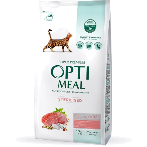 Сухой корм Optimeal Sterilised cats  для стерилизованных кошек с высоким содержанием говядины и сорго 1.5 кг (4820215364652)