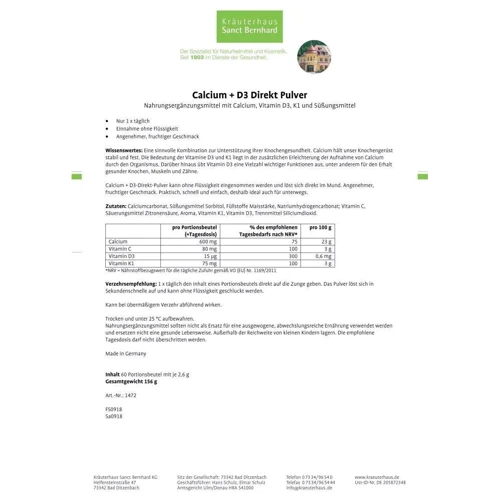 Sanct Bernhard Calcium + D3 Кальцій із вітаміном Д3, С, К2 60 пакетиків по 2.6 g: Тип комплексні