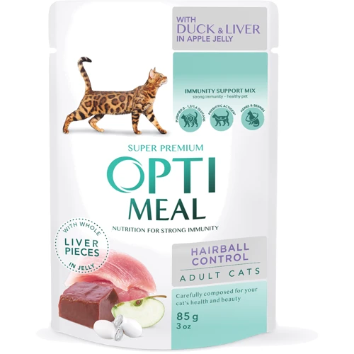 Влажный корм Optimeal Adult Cats для взрослых кошек с эффектом выведения шерсти с уткой и кусками печени в яблочном желе 12х85 г (4820215364027)