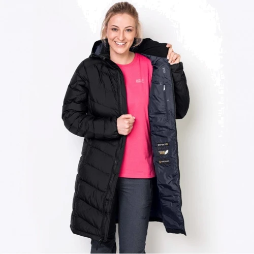 Пуховик Jack Wolfskin Selenium Coat 1202081-6000 40 черный зимний с капюшоном длинный: Сезон Зима