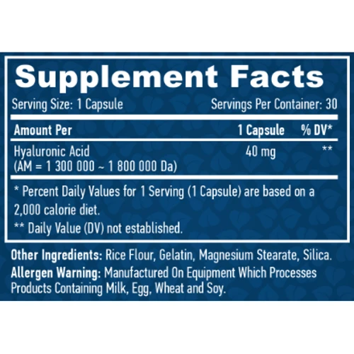 Haya Labs Hyaluronic Acid 40 mg Гіалуронова кислота 30 капсул: Тип Гиалуроновая кислота