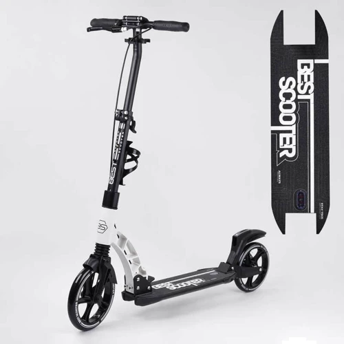 Самокат двоколісний Best Scooter PU колеса, 2 амортизатори, дискове гальмо Black/White (100077)