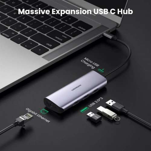 Адаптер Ugreen Adapter USB-C to 3хUSB 3.0+RJ45 Gray (60718): Цвет серый
