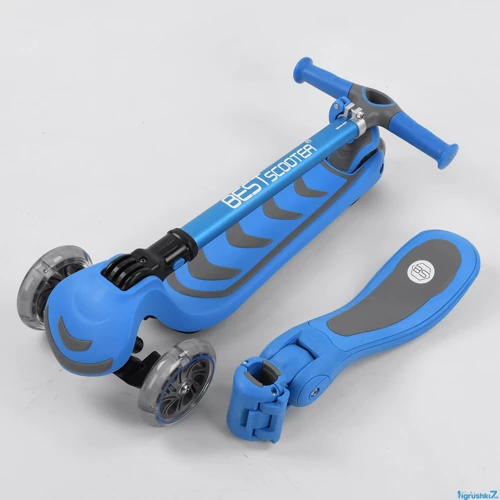 Самокат триколісний Best Scooter з сидінням, складаний алюмінієвий кермо, 4 колеса PU зі світлом Blue (99638): Тип коліс литі