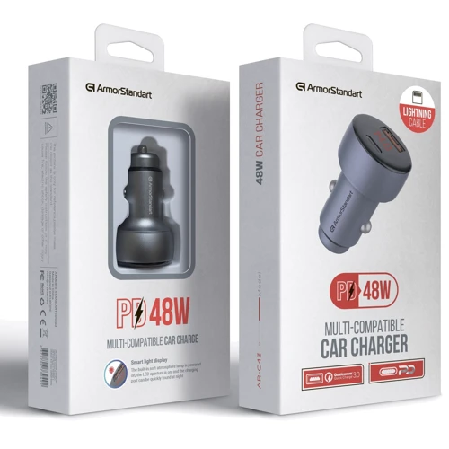 Зарядний пристрій ArmorStandard Car Charger USB+USB-C AR-C43 with Lightning Cable Grey (ARM82462): Сила струму 2.4а і більш