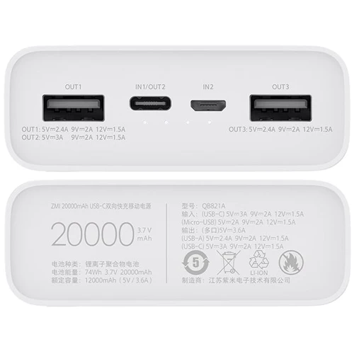 Зовнішній акумулятор Xiaomi ZMI Power Bank 20000mAh USB-C 18W White (QB821A): Особливості швидка зарядка