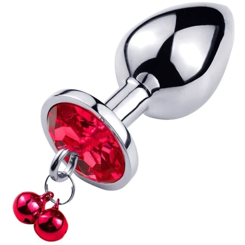 Анальная пробка с кристаллом, колокольчиком и поводком Silver RED (размер L)