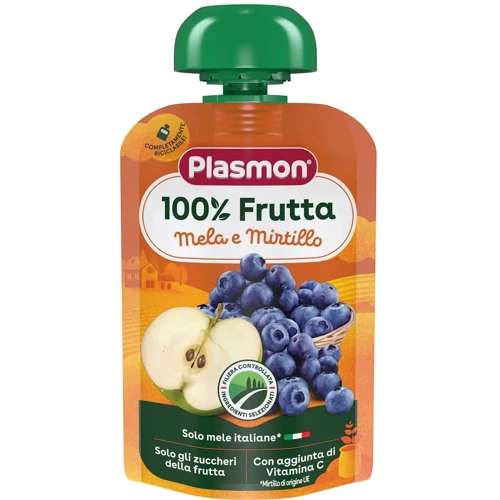 Пюре Plasmon Apple Blackberry Pouch из яблок и черники с витамином С 100 г (1136130)