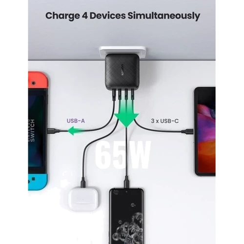 Зарядний пристрій Ugreen Wall Charger 3хUSB-C+USB CD224 GaN 65W Black (70774): Кількість USB-портів 4
