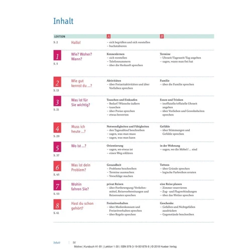 Motive A1–B1, Lektion 1–30: Kursbuch: ISBN 9783190018789, 978-3-19-001878-9