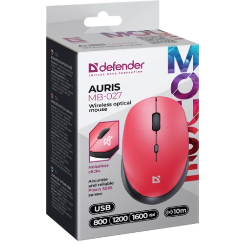 Мышь Defender Auris MB-027 Silent Wireless Red (52026): Эргономика симметричная для левшей