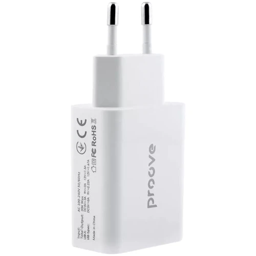 Зарядний пристрій Proove Wall Charger USB-C+USB Rapid 20W White: Особливості Быстрая зарядка, Power Delivery (PD), USB-C
