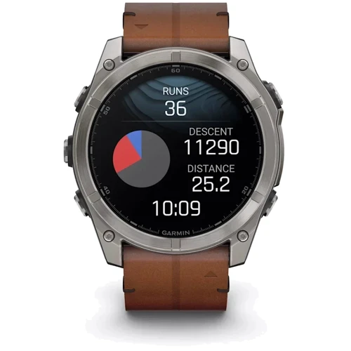Смарт-часы Garmin Fenix 8 AMOLED 51mm Sapphire Carbon Grey DLC with Chestnut Leather Band (010-02905-40): Особенности Функция звонка, Динамик (громкая связь), Встроенный микрофон, Тактические, Термометр, Барометр, Компас, Фонарик, Металлический корпус, С сапфировым стеклом, Влагозащищенные, Большой экран, Бесконтактн